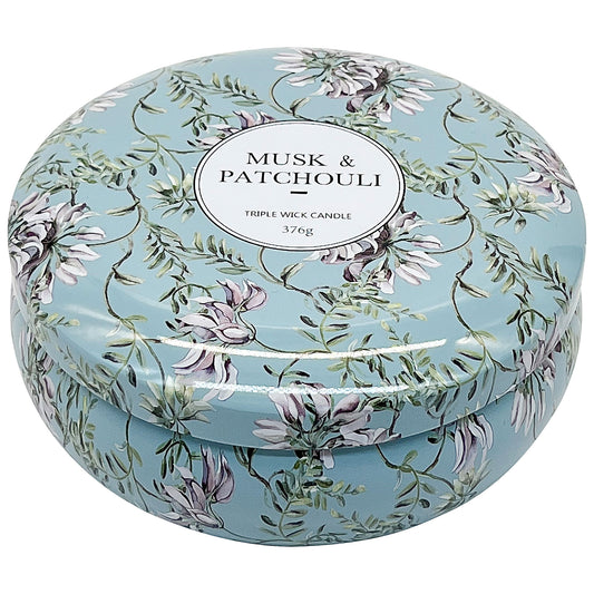 Printed Triple Wick Tin Candle Musk & Patchouli