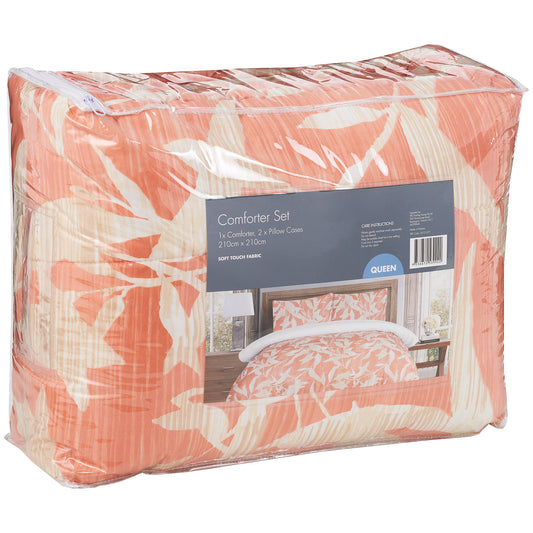 Comforter Set Textured Leaf Peach Queen Bed