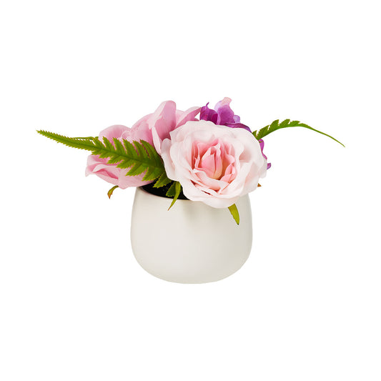 Faux Roses In White Pot Pink/Yellow