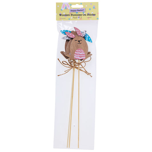 Easter Wooden Bunny On Stick 3pk