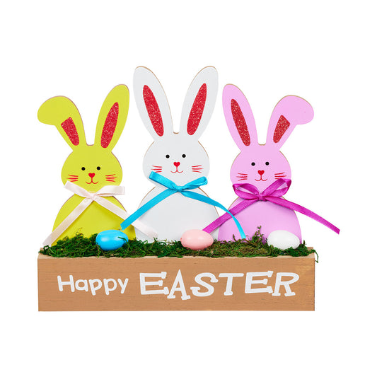 Happy Easter 3 Bunnies Block Decoration