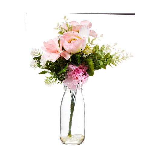 Faux Soft Floral In Glass Bottle Pink/Blue