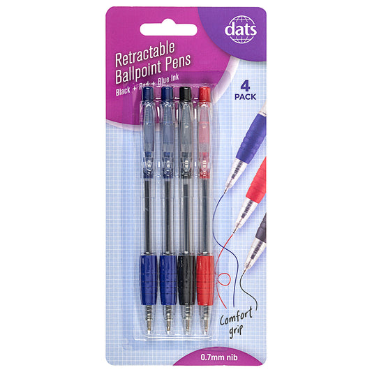 Retractable Ballpoint Assorted Colours 4pk