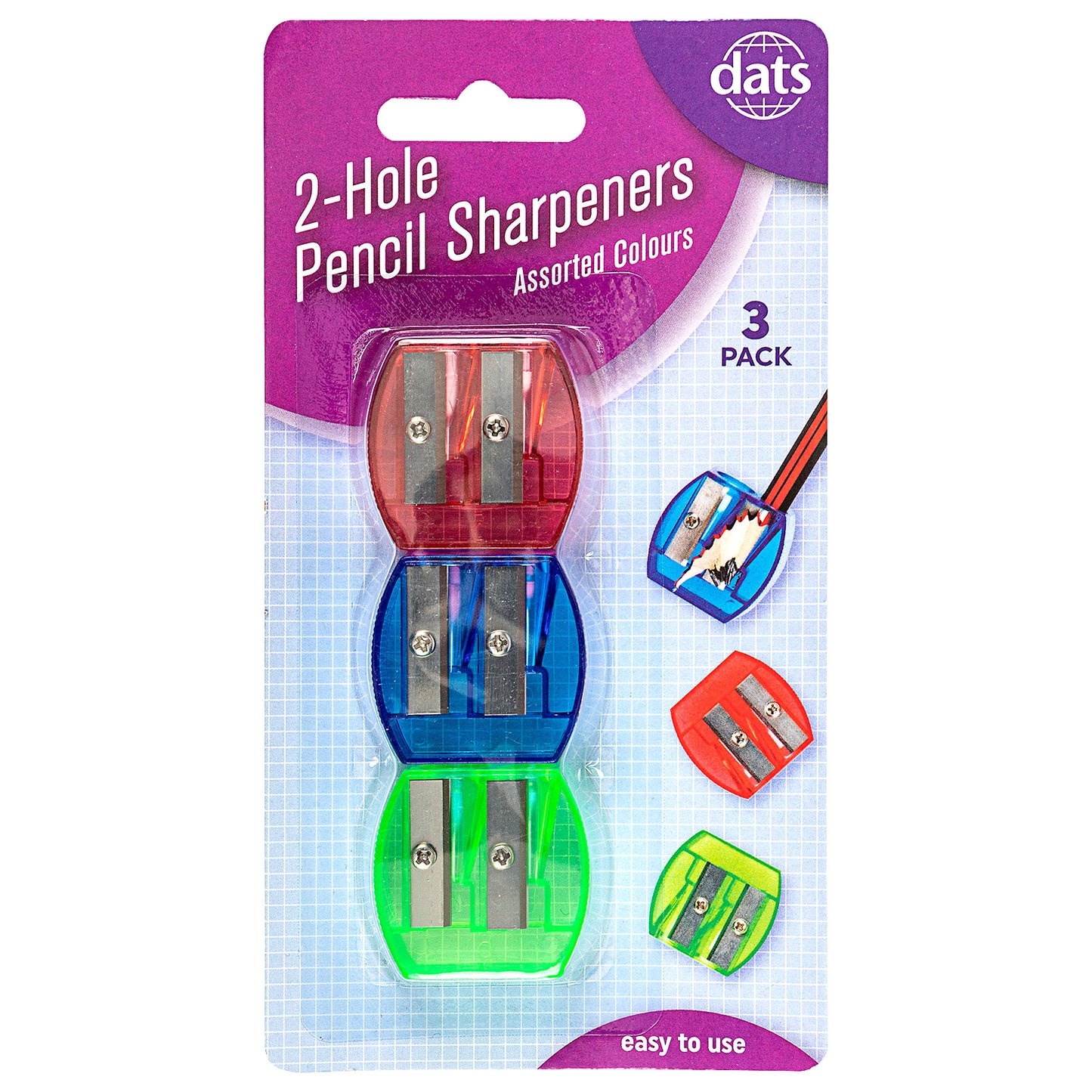 2 Hole Pencil Sharpener Mixed Colours 3pk