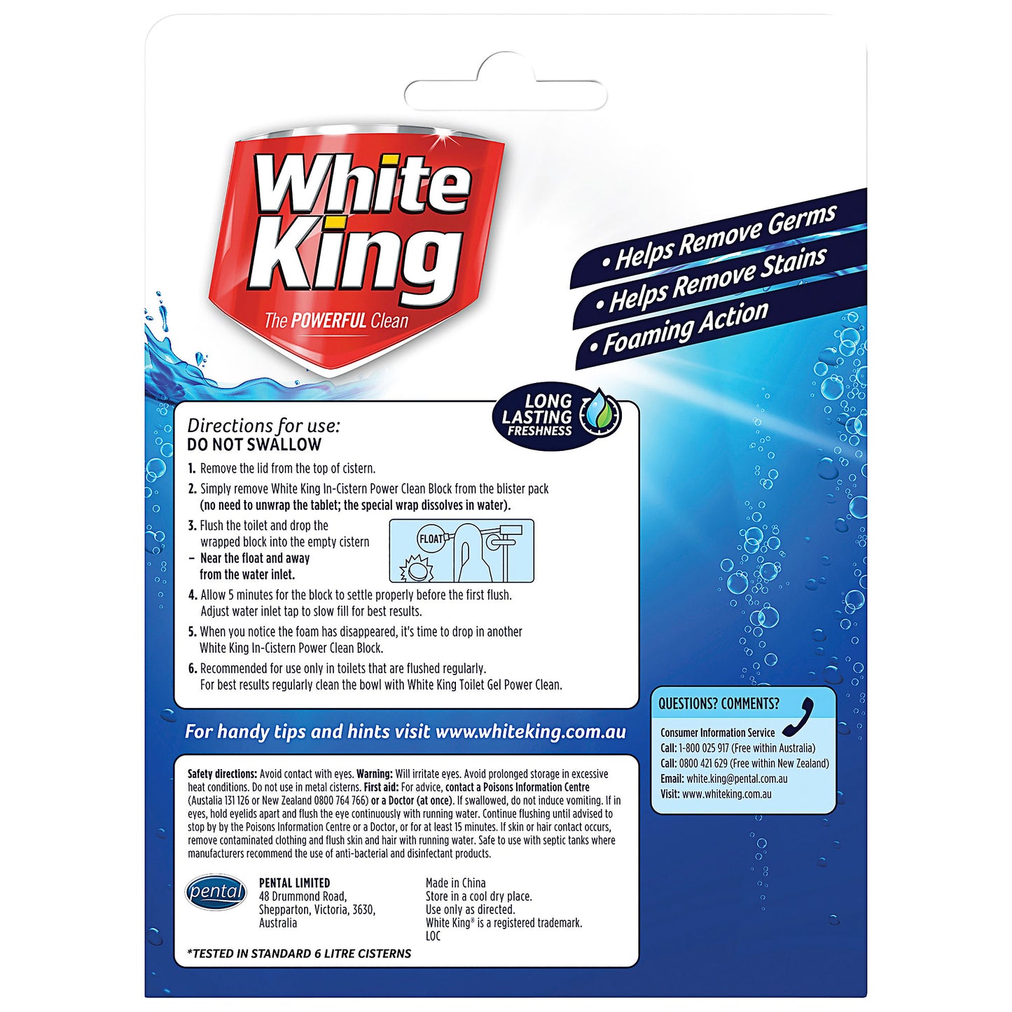 White King Power Clean In-Cistern Toilet Block Bleach & Blue 50g 2pk