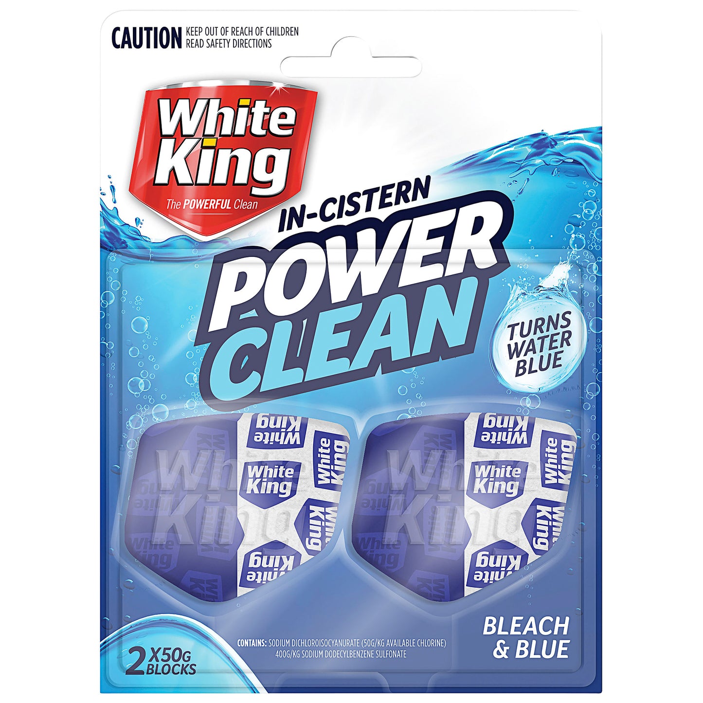 White King Power Clean In-Cistern Toilet Block Bleach & Blue 50g 2pk