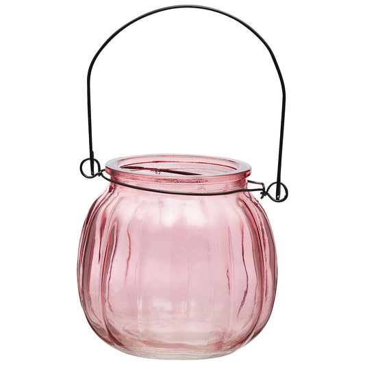 Glass Tea Light Holder With Handle Pink/Clear