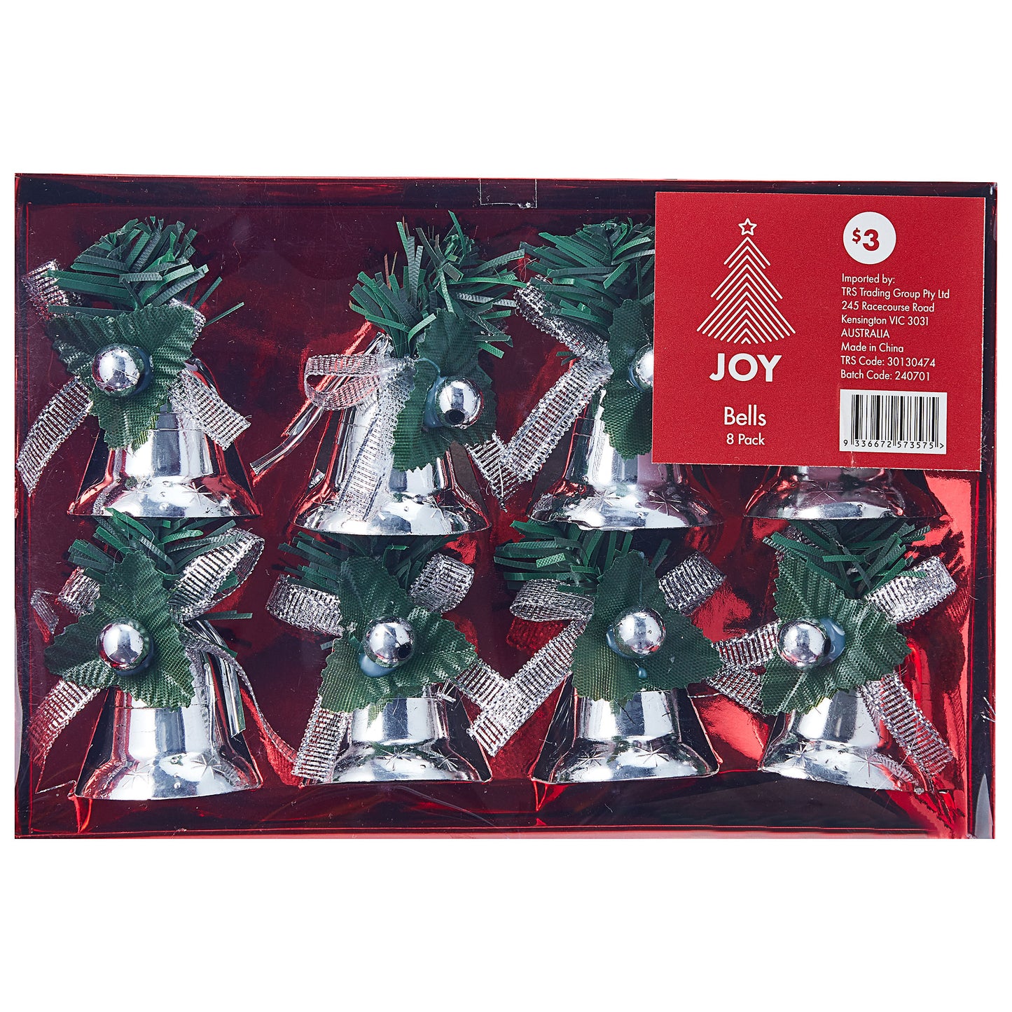 Christmas Tree Decoration Bells 8pk Assorted