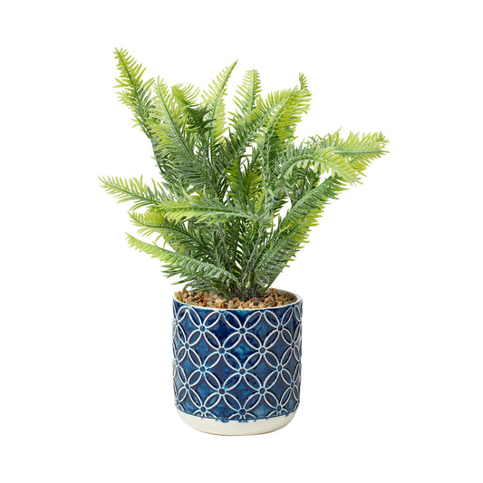 Faux Fern In Geo Pot Blue