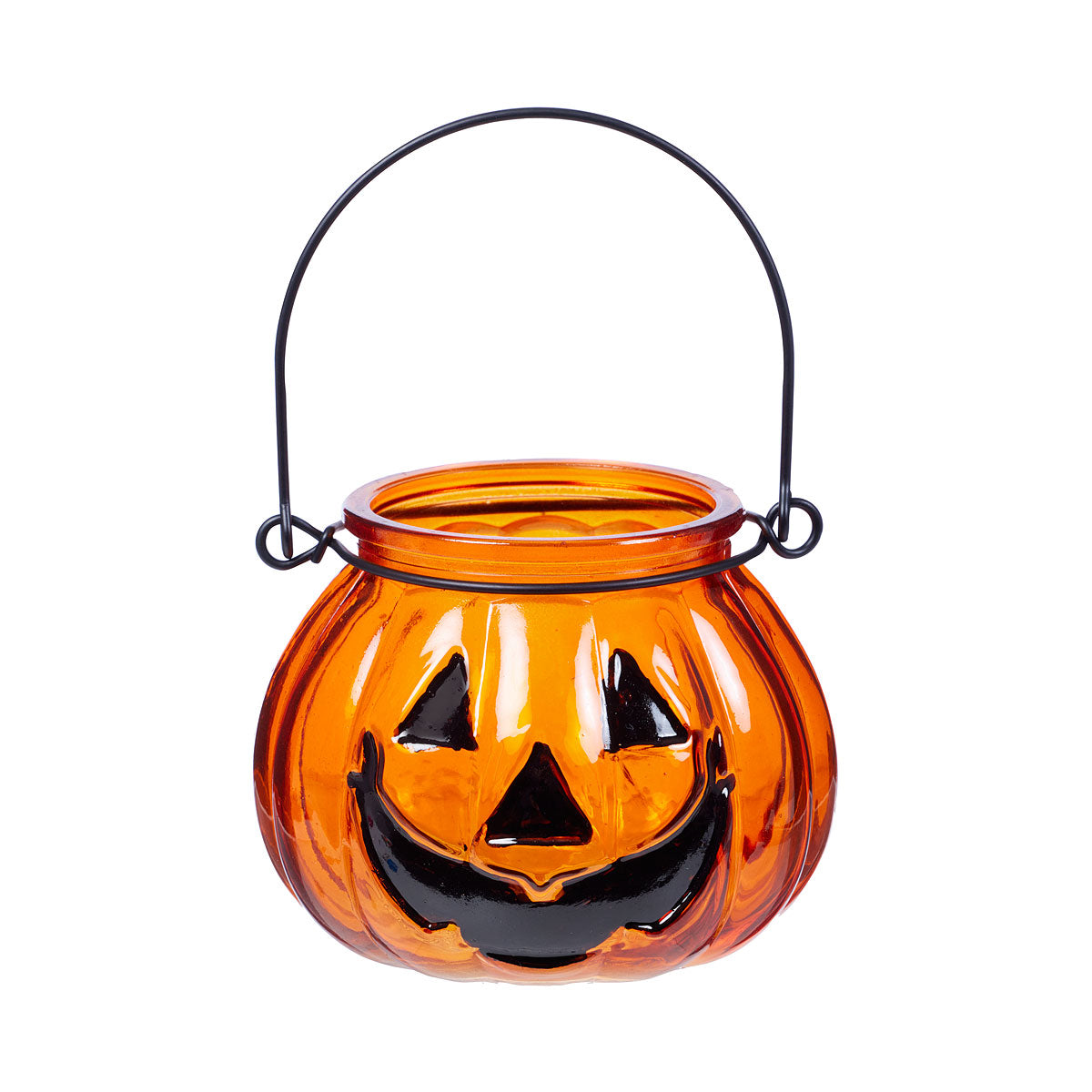 Halloween Glass Pumpkin Bucket Votive Holder 10x8cm