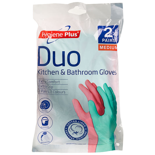 Hygiene Plus Duo Kitchen and Bathroom Gloves Medium 2pk